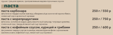 кафе-бар Галерея меню