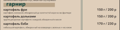 кафе-бар Галерея меню